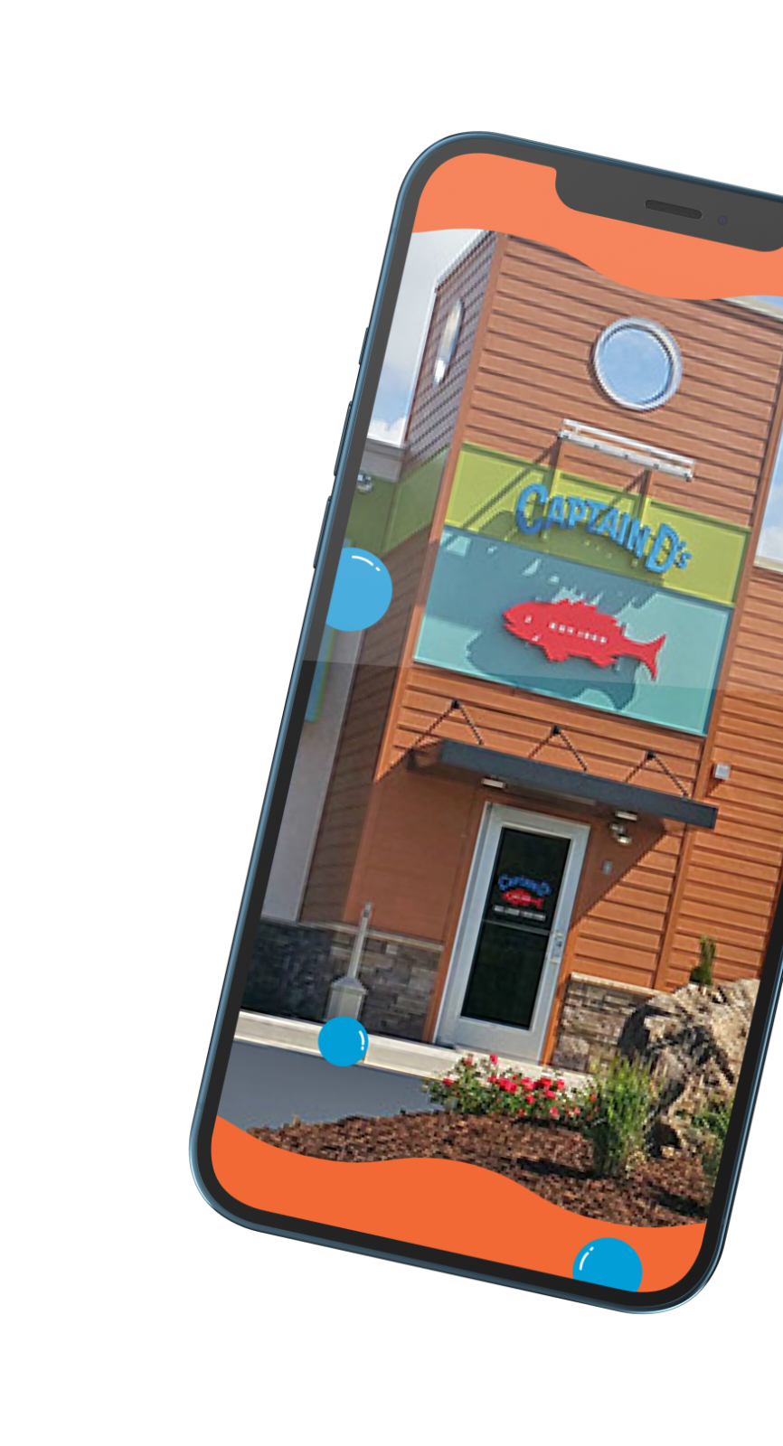 Phone containing an image of an updated Captain D's restaurant exterior.